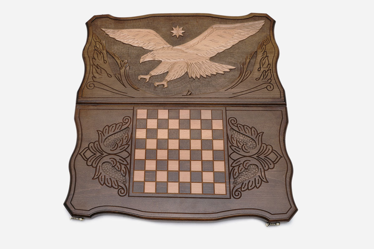 Eagle backgammon board shown folded with carry handle