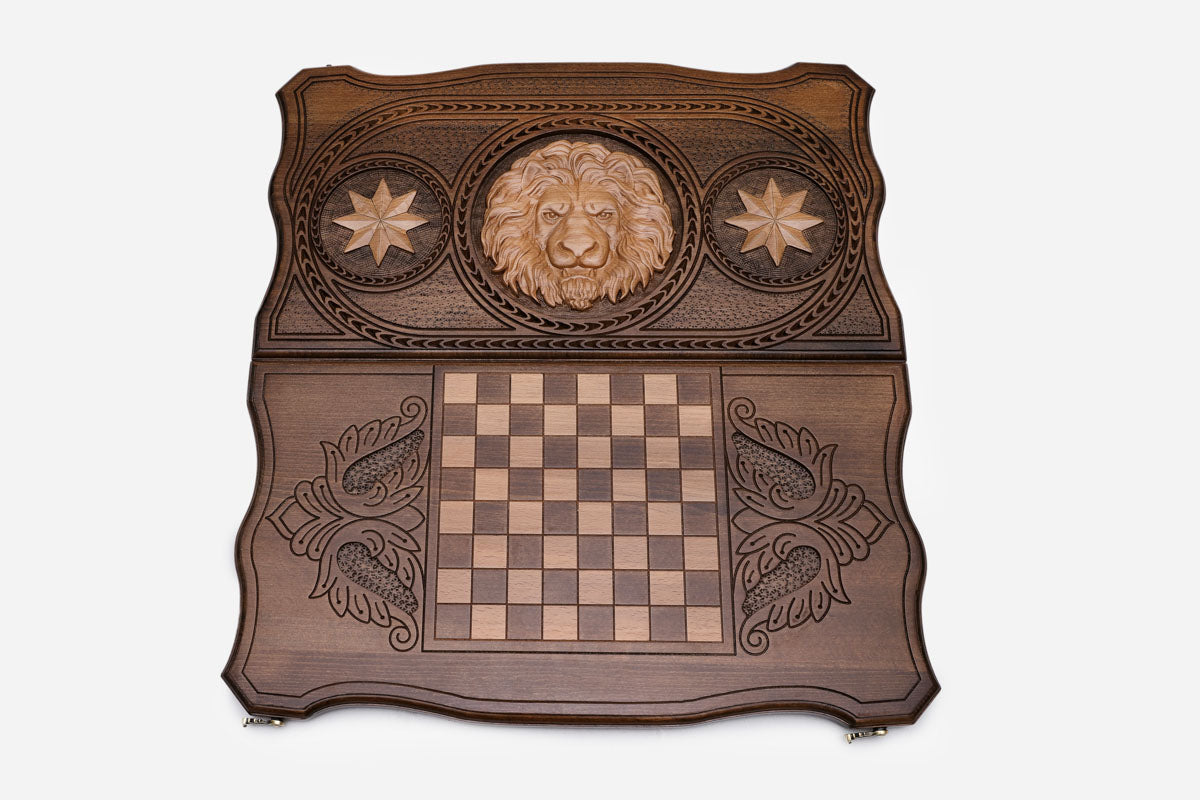Lion backgammon board shown folded with carry handle