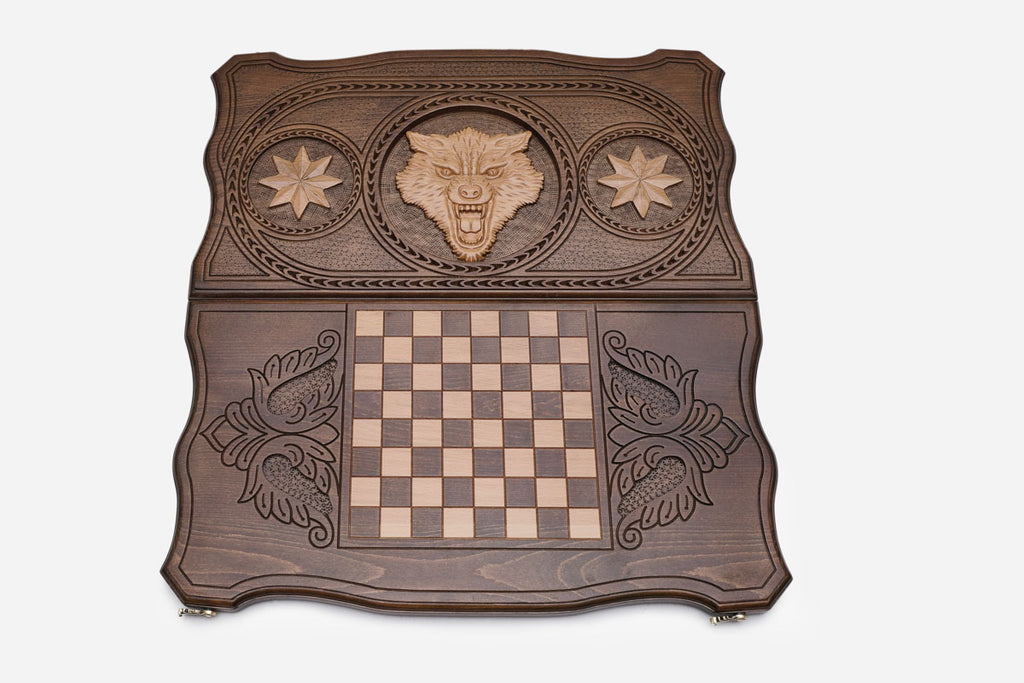 Wolf backgammon board shown folded with carry handle