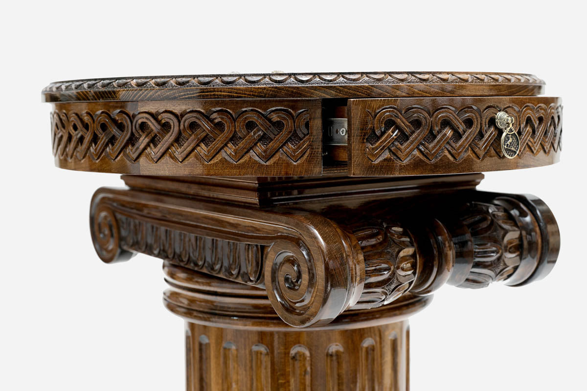 Side view of the Crusaders chess table on its fluted Ionic pedestal base