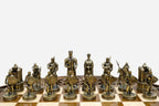 Three-quarter view of the finished Crusaders pedestal chess table with both armies