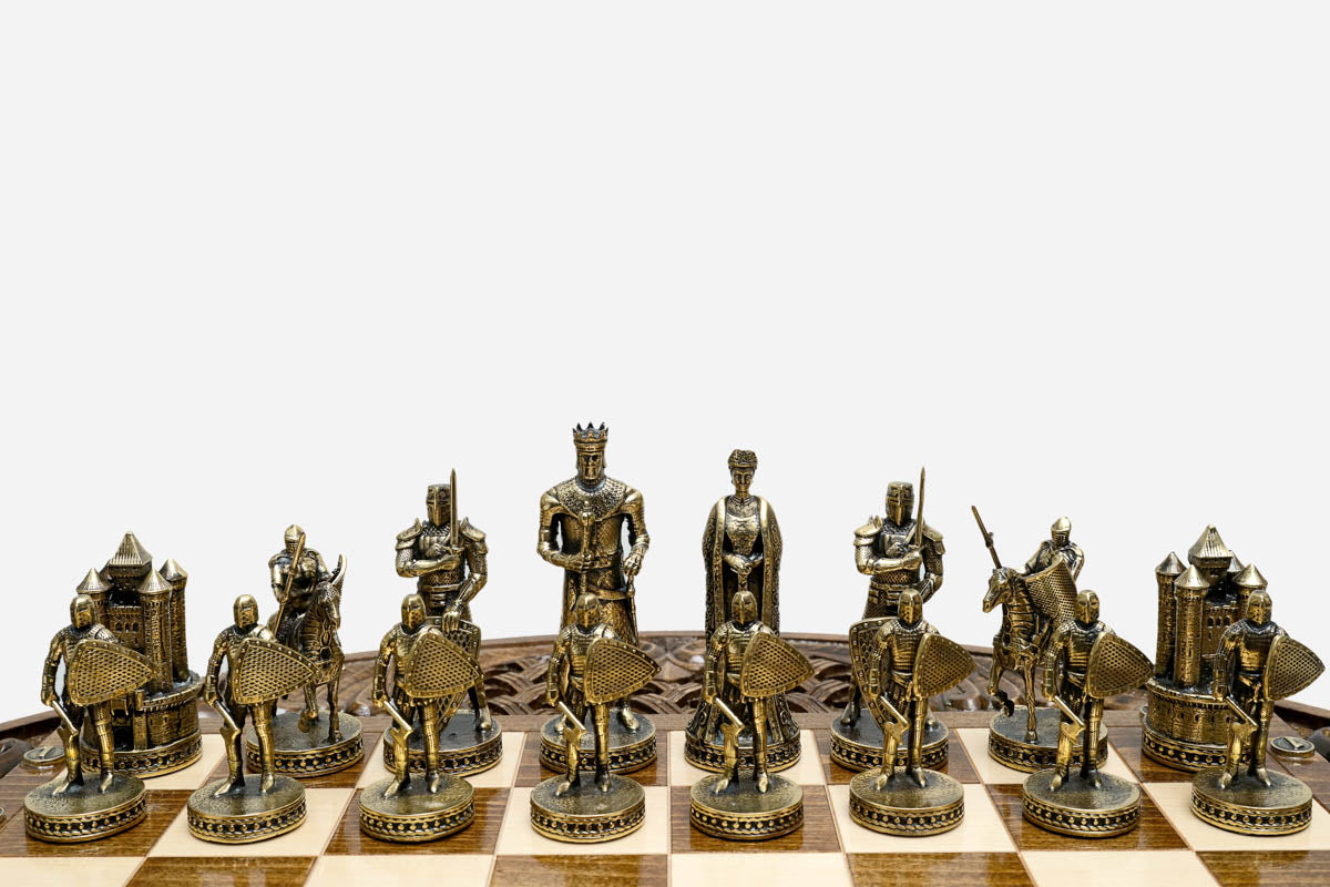 Three-quarter view of the finished Crusaders pedestal chess table with both armies