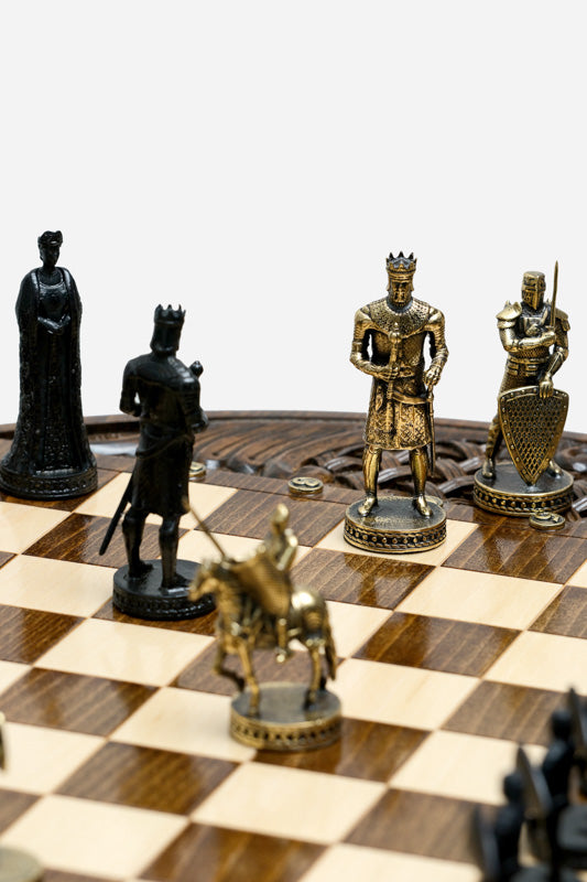 The full standing chess table shown from the front with both armies in starting position