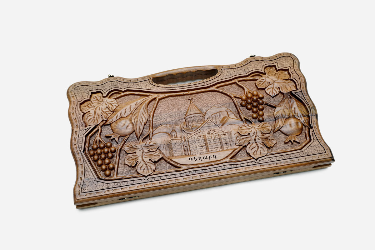 Angled view of the Geghard Monastery carved backgammon board