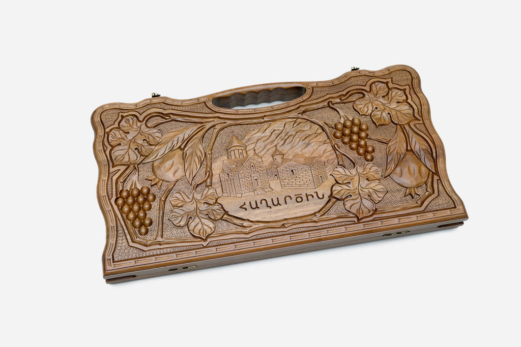 Angled view of the Haghartsin Monastery carved backgammon board
