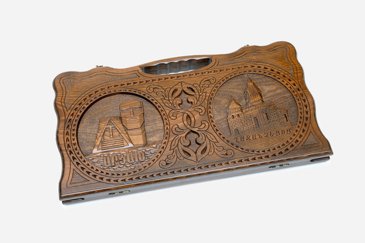 Angled view of the Artsakh landmarks carved backgammon board