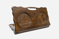 Carved beechwood backgammon board with two Artsakh landmarks and a carry handle, propped open
