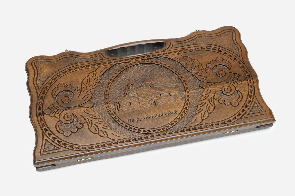 Angled view of the St. Mary Church carved backgammon board