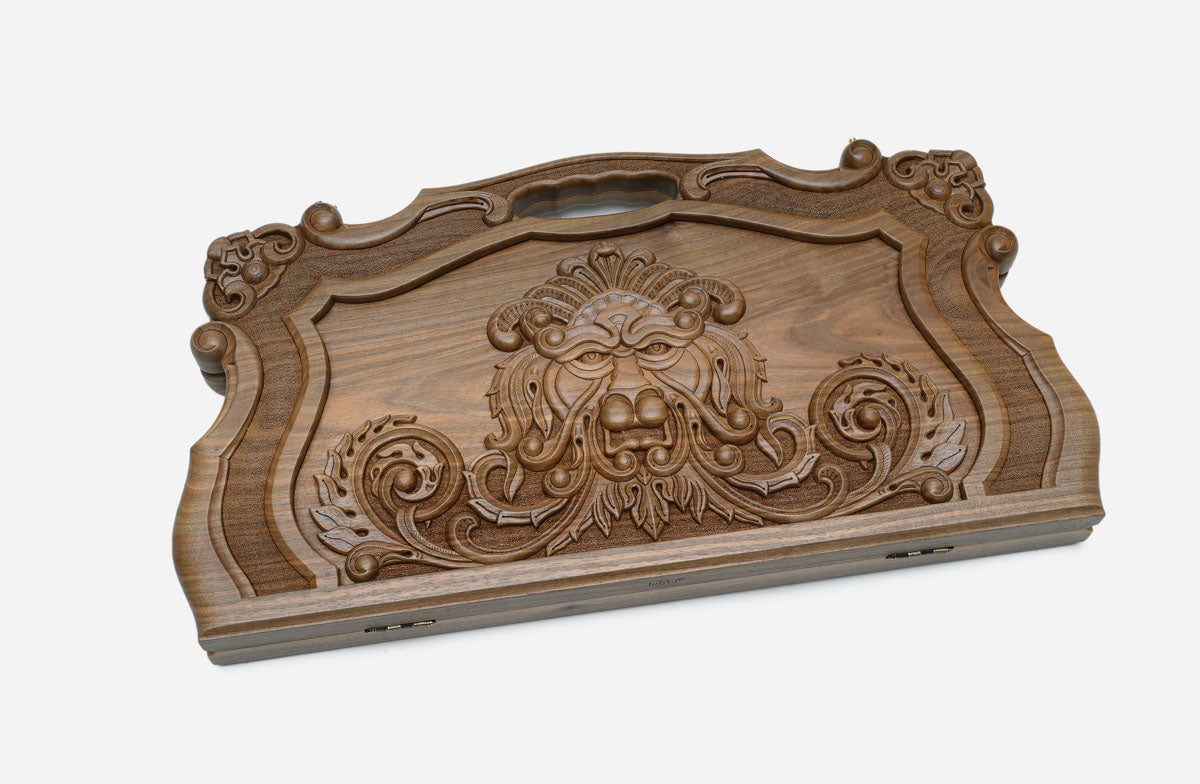 Angled view of the Mher the Lion carved backgammon board