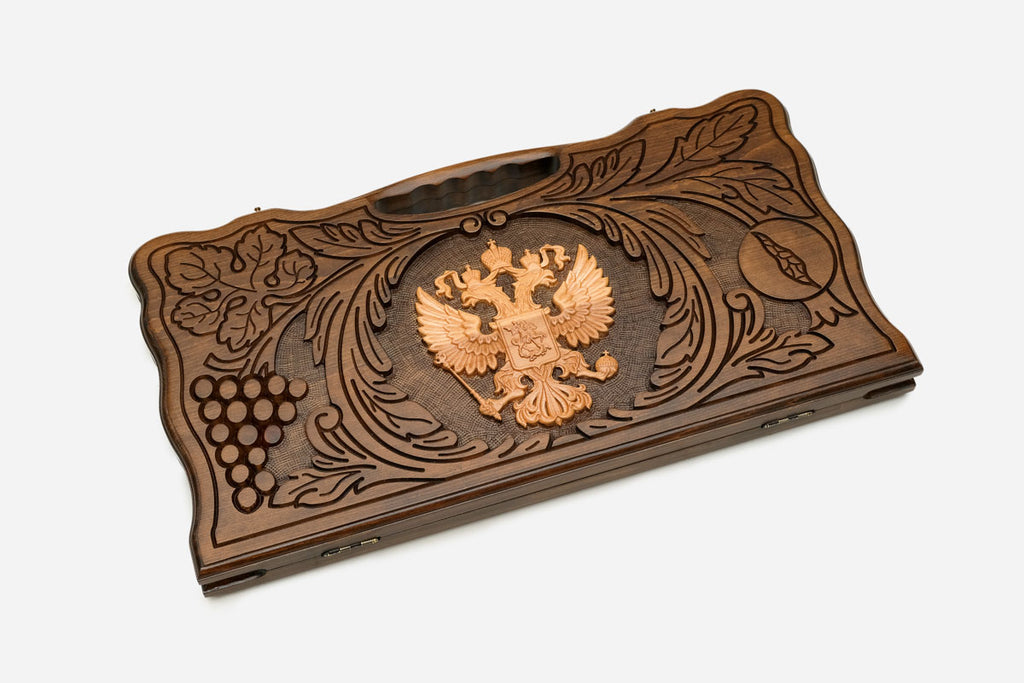 Angled view of the Russian coat of arms carved backgammon board