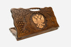Carved beechwood backgammon board with the Russian double-headed eagle coat of arms and a carry handle, shown propped open