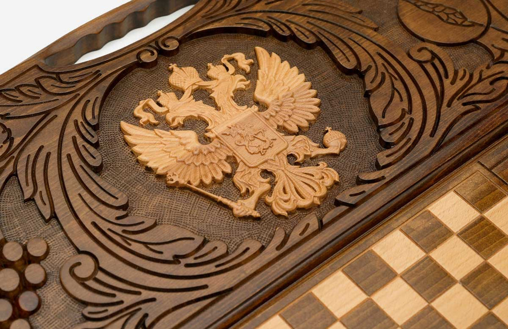 The backgammon board opened to show the wooden playing surface