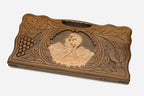 Angled view of the Samson and the lion carved backgammon board