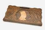 Angled view of the Tigran the Great carved backgammon board