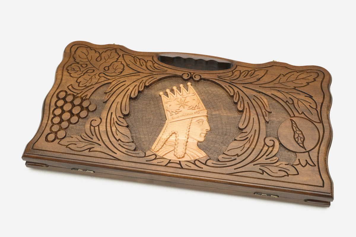 Angled view of the Tigran the Great carved backgammon board