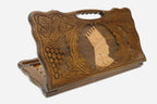 Carved beechwood backgammon board with a portrait of Tigran the Great and a carry handle, shown propped open