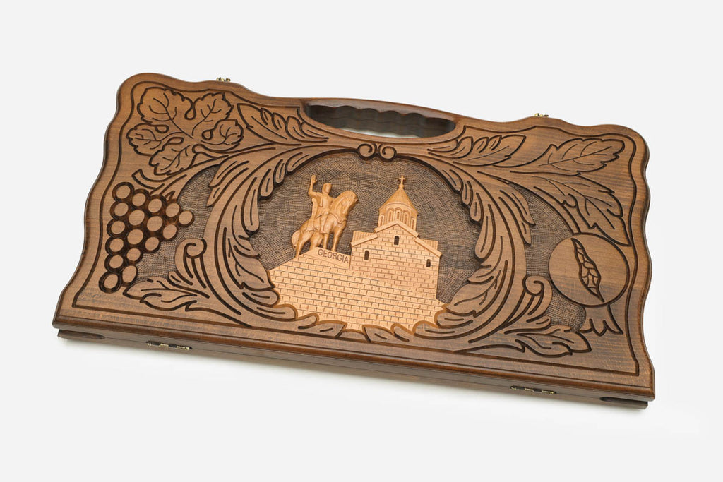 Angled view of the Vakhtang Gorgasali carved backgammon board