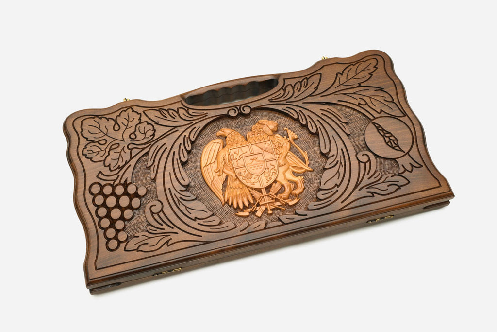 Angled view of the Armenian coat of arms carved backgammon board