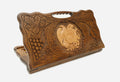 Carved beechwood backgammon board with the Armenian coat of arms and a carry handle, shown propped open