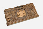 Carved beechwood backgammon board with the Georgian coat of arms and a carry handle, shown propped open