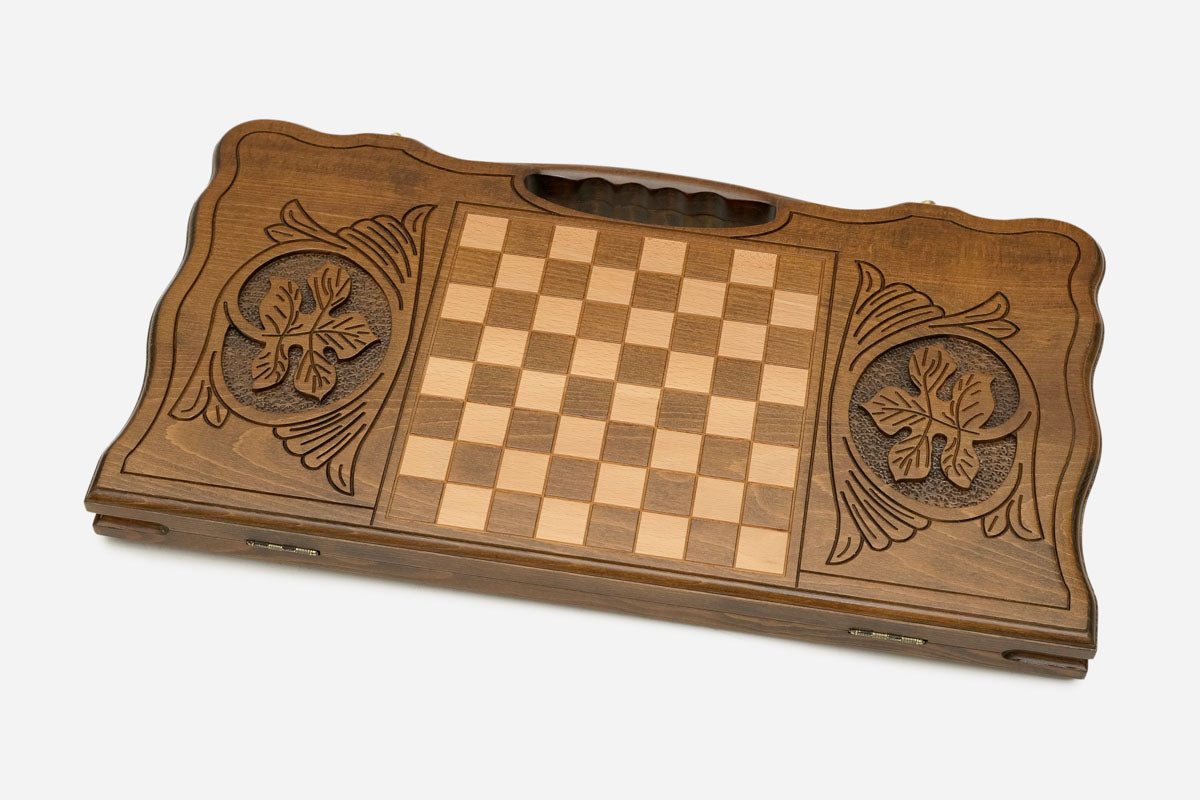 Angled view of the Georgian coat of arms carved backgammon board