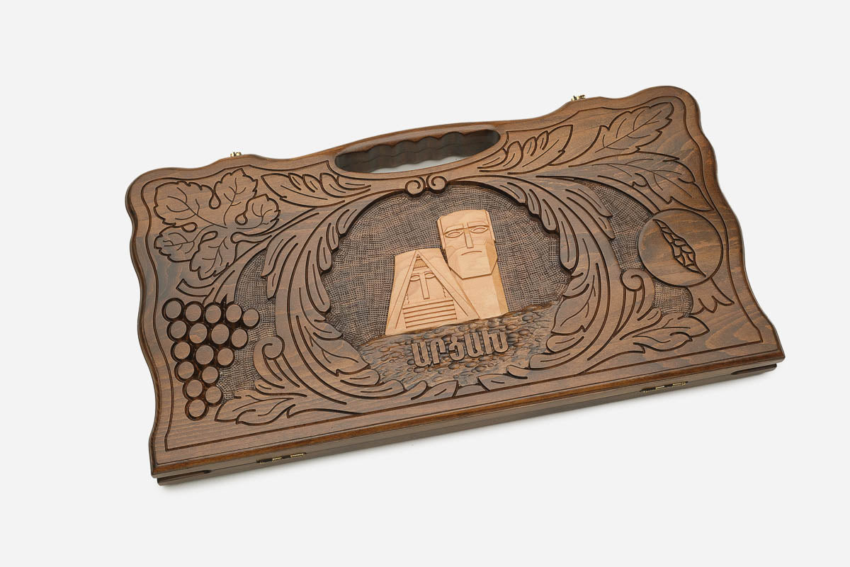 Angled view of the Artsakh carved backgammon board