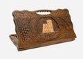 Carved beechwood backgammon board with the We Are Our Mountains monument of Artsakh and a carry handle, shown propped open