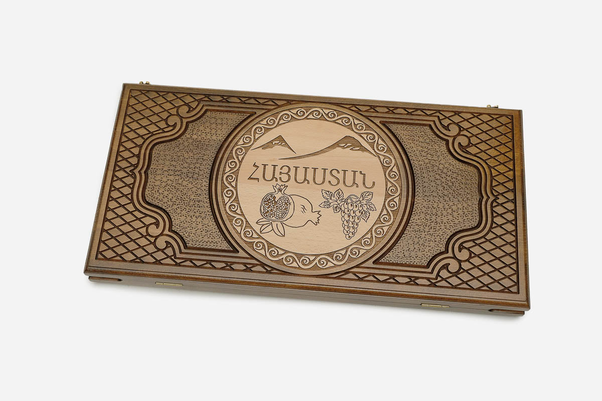 Mount Ararat backgammon board shown folded with carry handle