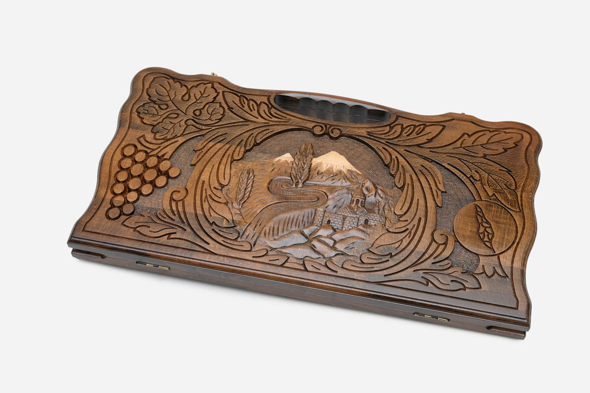 Angled view of the Ararat and Khor Virap carved backgammon board