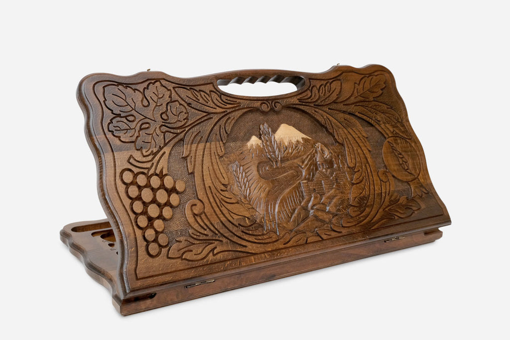 Carved beechwood backgammon board with Mount Ararat and Khor Virap monastery and a carry handle, shown propped open