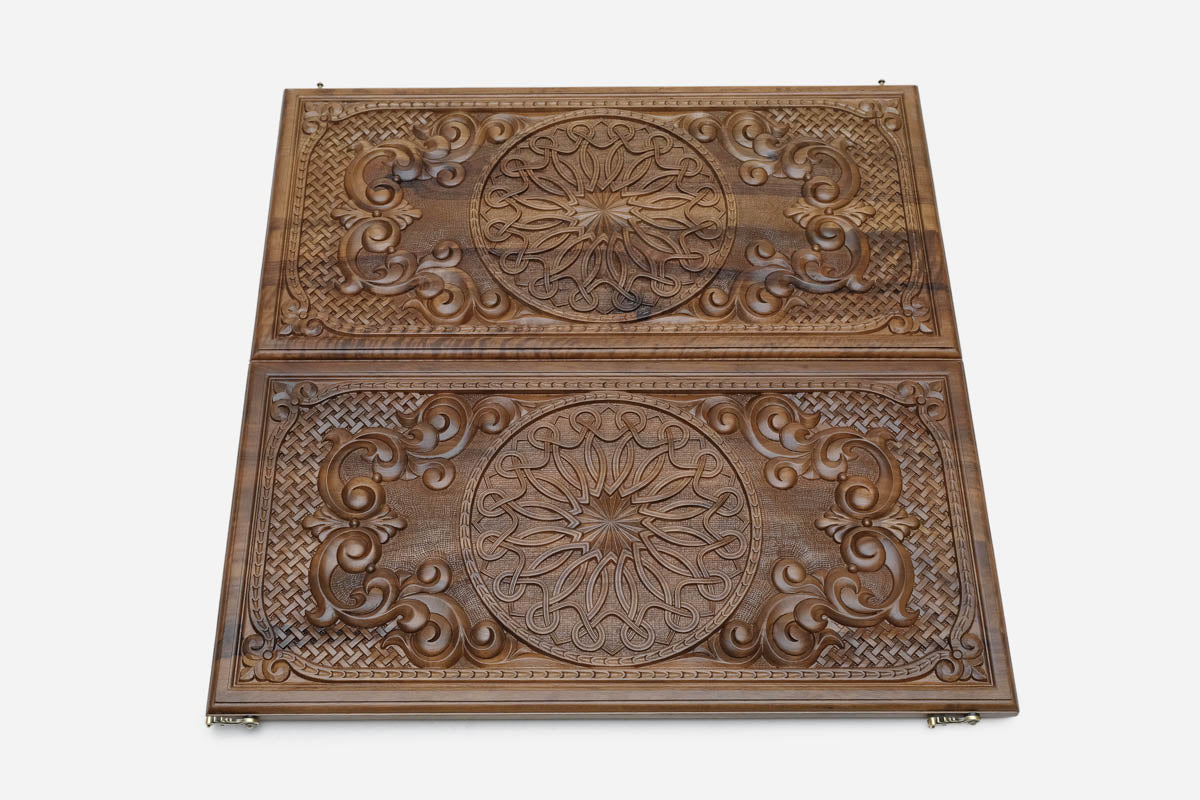 Ornamental Rosette backgammon board shown folded with carry handle