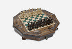 Full octagonal green-epoxy chess board with light and dark wood pieces in starting position