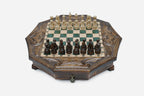 Octagonal carved wooden chess set with emerald-green epoxy squares and wooden Staunton pieces set up for play