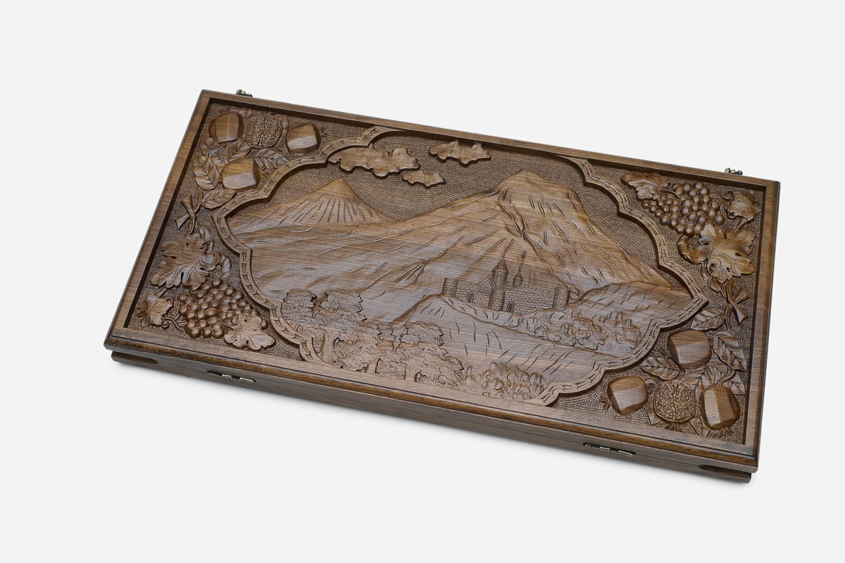 Mount Ararat and Khor Virap backgammon board shown folded with carry handle