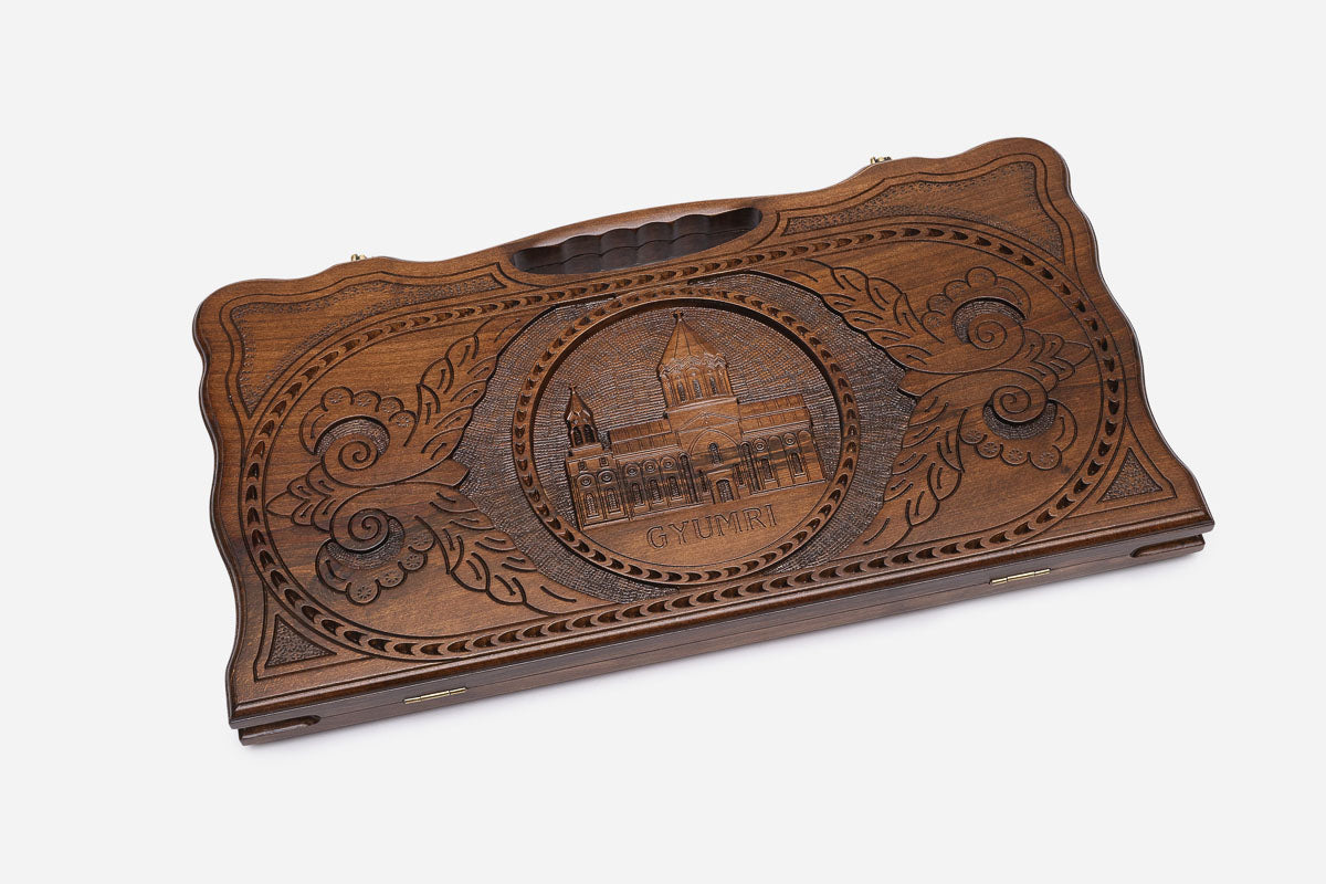 Angled view of the Holy Saviour Church carved backgammon board