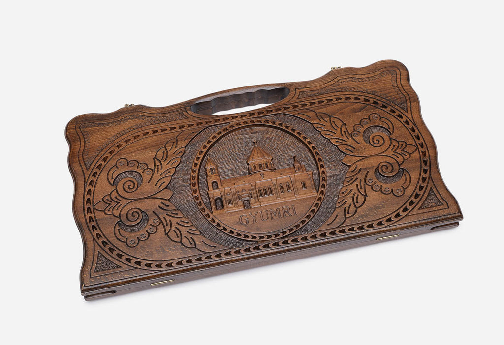 Angled view of the Holy Mother of God Cathedral carved backgammon board