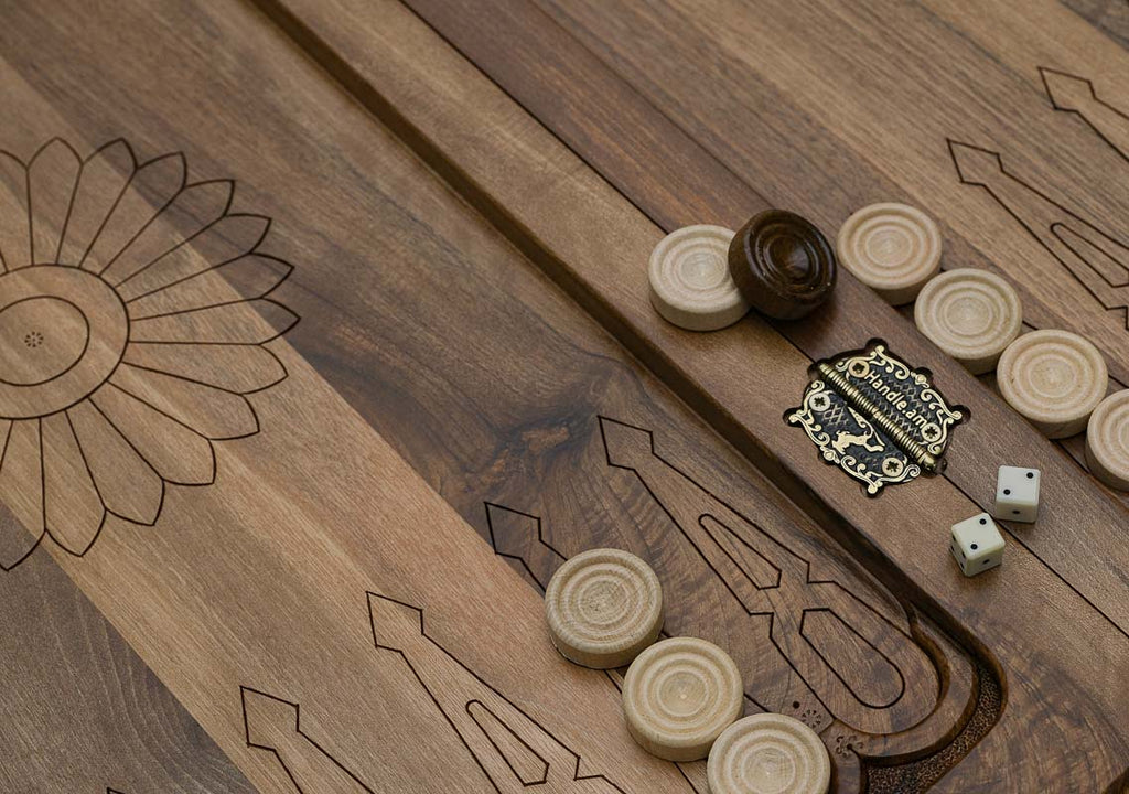Close-up of the walnut grain and engraving