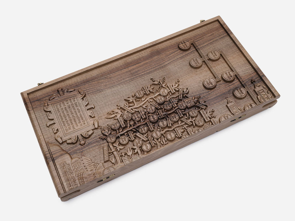 Angled view of the Noah the patriarch carved backgammon board