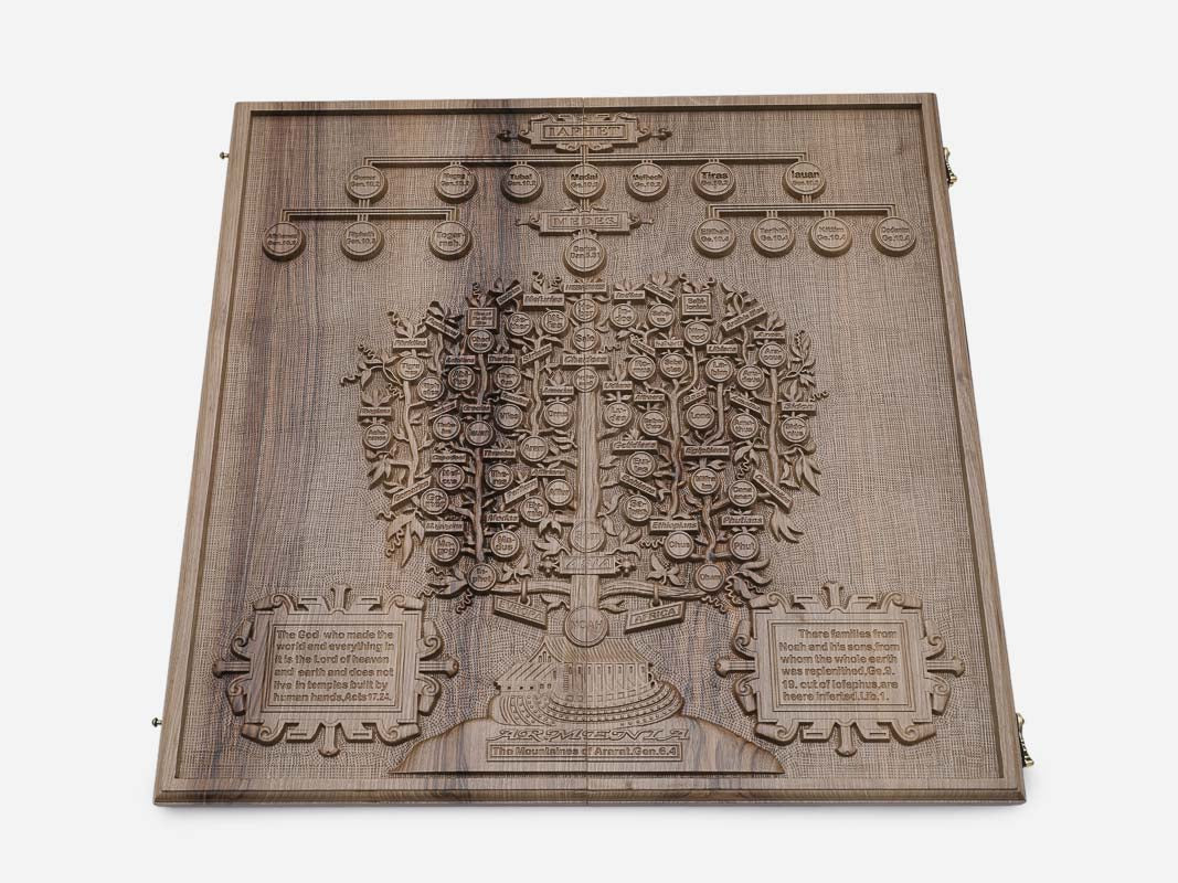 Walnut backgammon board carved in deep relief with the family tree of Noah the patriarch