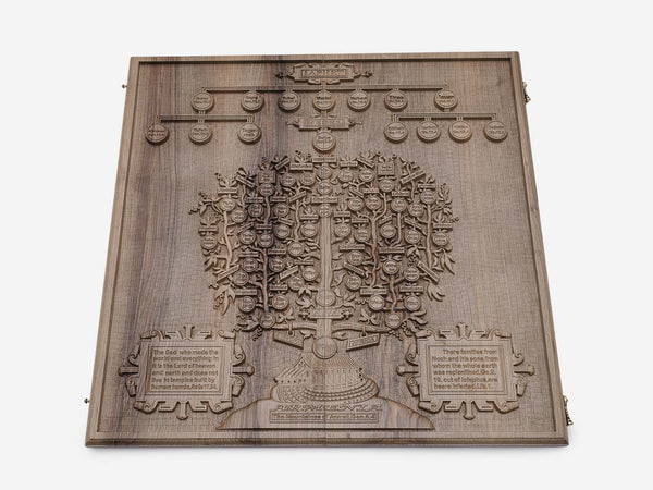 Walnut backgammon board carved in deep relief with the family tree of Noah the patriarch