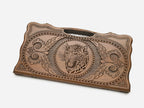 Angled view of the lynx carved backgammon board