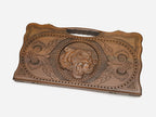 Angled view of the tiger carved backgammon board