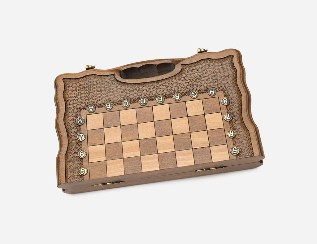 Classic chess and backgammon set shown folded