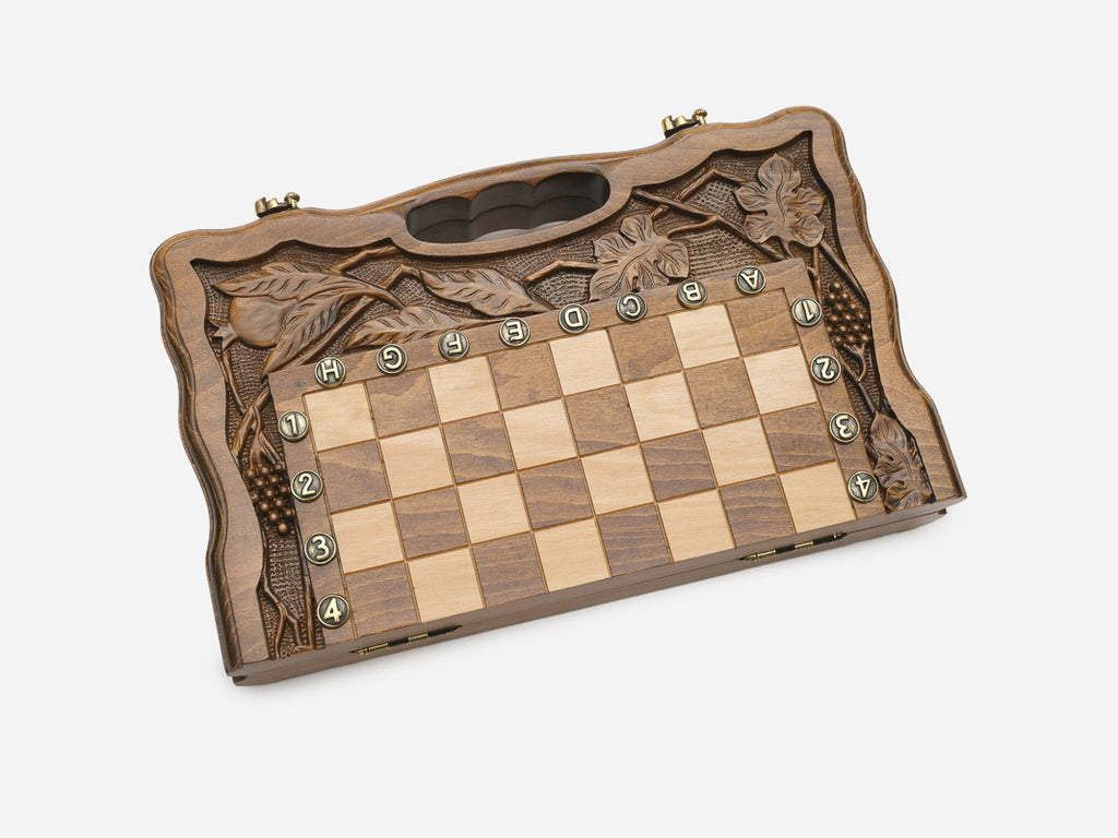 Pomegranate and Grapevine chess and backgammon set shown folded