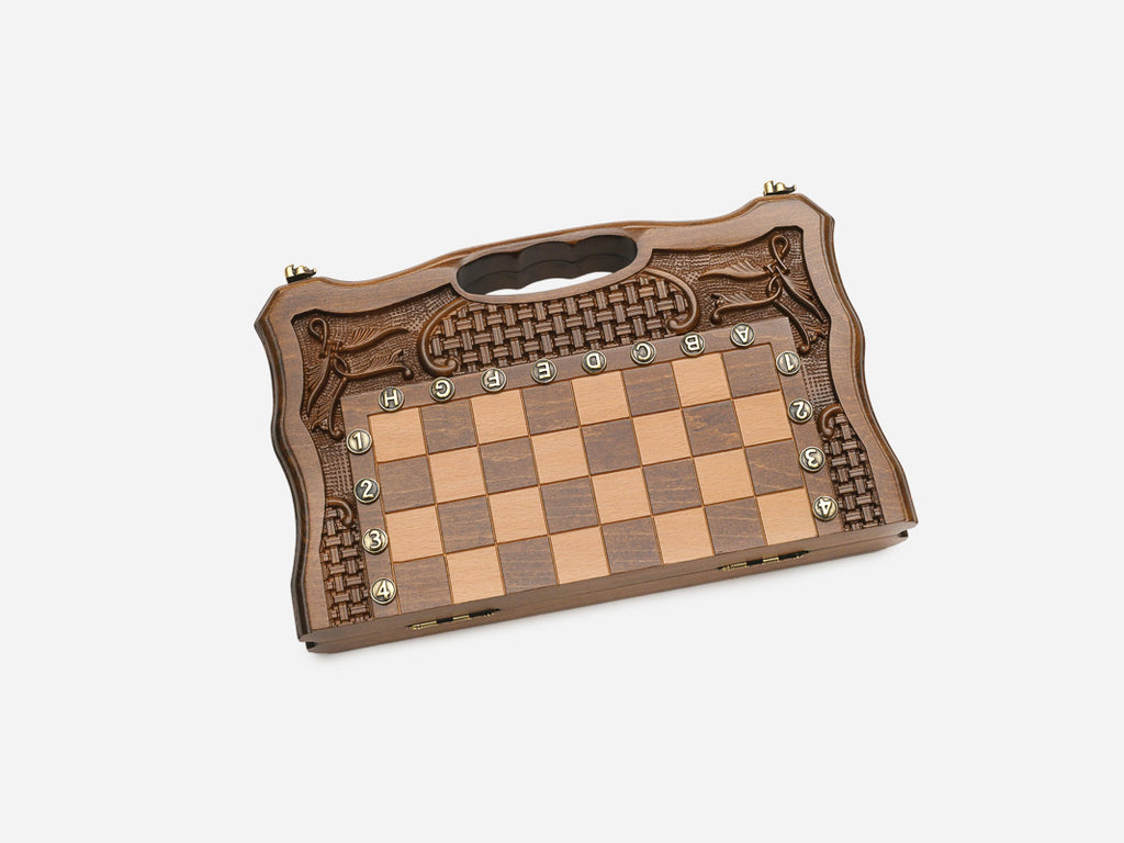 Lattice chess and backgammon set shown folded