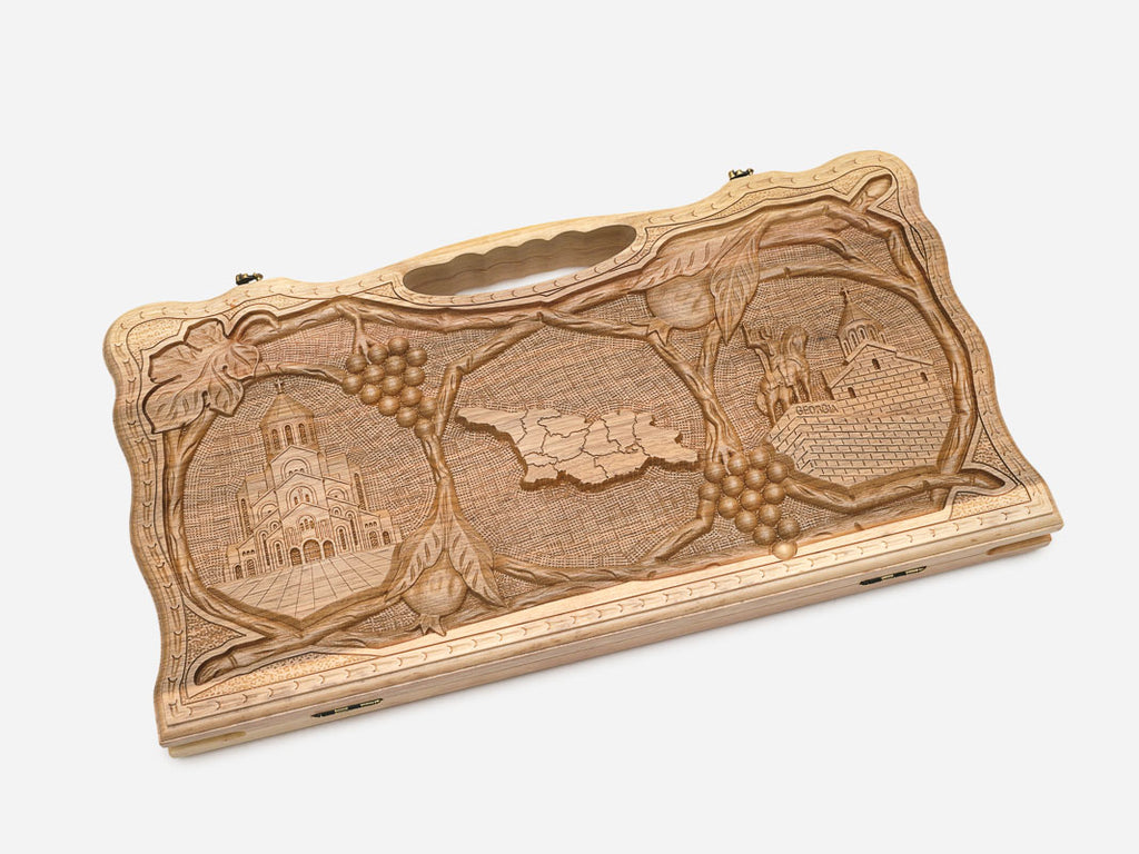 Angled view of the Georgian coat of arms carved backgammon board