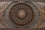 The backgammon board opened to show the wooden playing surface