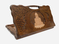 Carved beechwood backgammon board showing the Holy Trinity Cathedral of Tbilisi in grapevines, with a carry handle, propped open