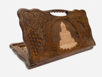 Carved beechwood backgammon board showing the Holy Trinity Cathedral of Tbilisi in grapevines, with a carry handle, propped open