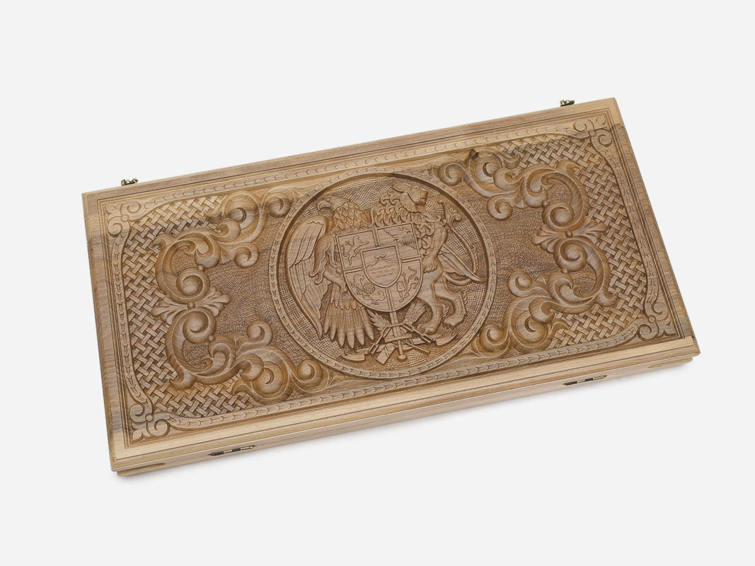 Coat of Arms backgammon board shown folded with carry handle